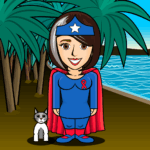 An avatar of me as a superhero with my cat, Felix, on my favorite beach